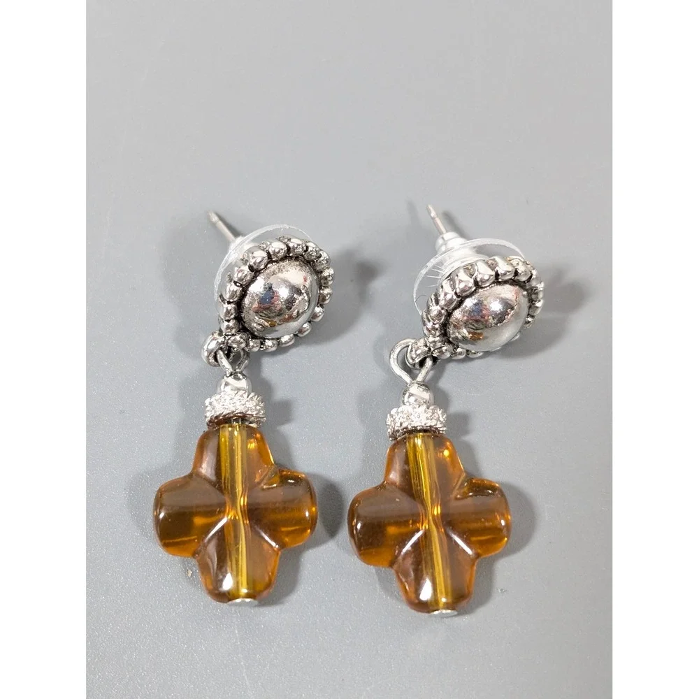 Amber Tone Acrylic Cross Dangle‎ Earrings Lightweight Pierced